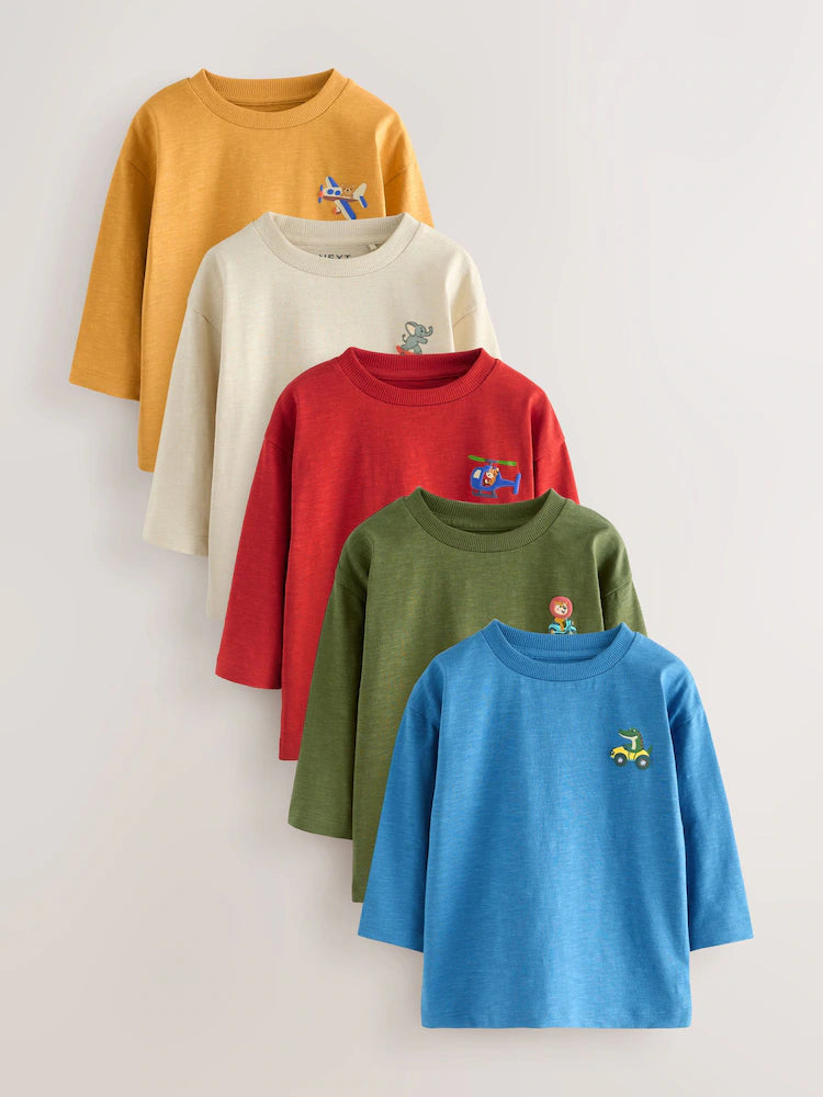 |Boy| Camisetas De Manga Comprida Multi Animals on Transport, Pacote Com 5 (3 meses a 7 anos)