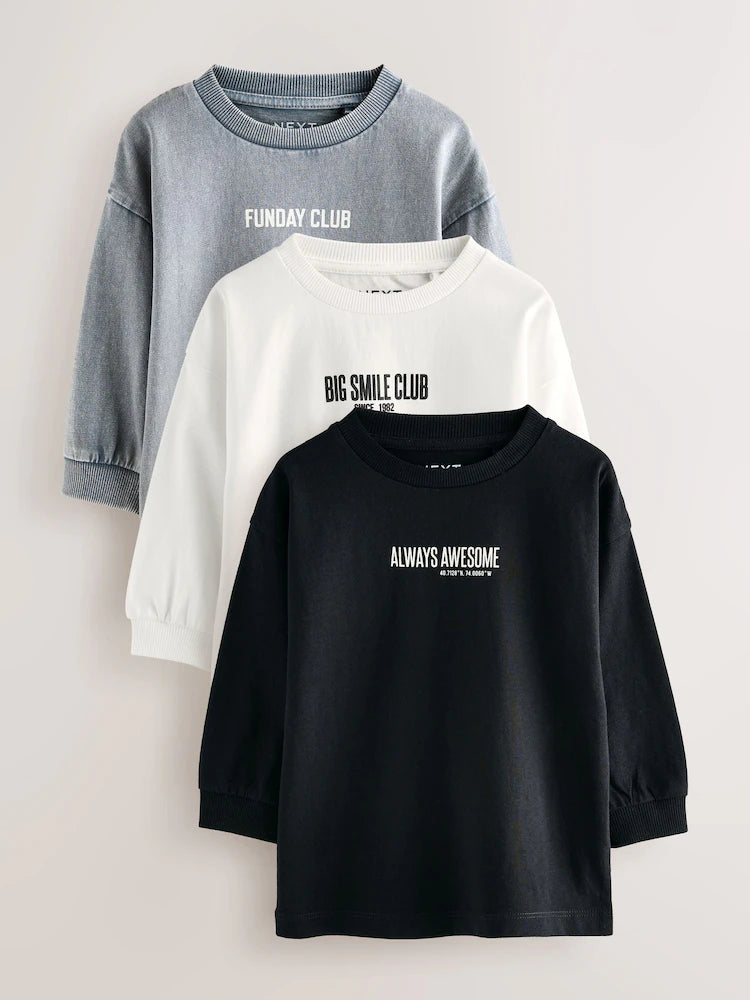 |Boy| Camisetas Com Estampa Gráfica De Manga Comprida Slogan Pretas/Cinzas/Brancas, Pacote com 3 (3 meses a 7 anos)