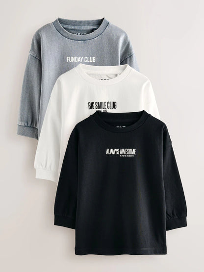 |Boy| Camisetas Com Estampa Gráfica De Manga Comprida Slogan Pretas/Cinzas/Brancas, Pacote com 3 (3 meses a 7 anos)