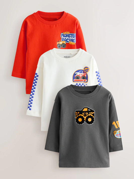 |Boy| Camisetas Com Estampa Gráfica De Manga Comprida Red Monster Trucks, Pacote com 3 (3 meses a 7 anos)