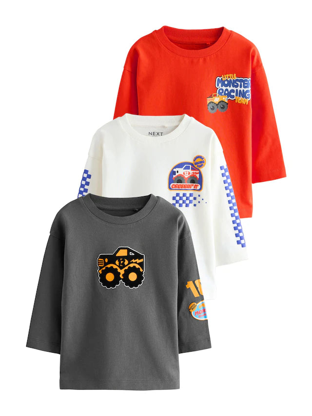 |Boy| Camisetas Com Estampa Gráfica De Manga Comprida Red Monster Trucks, Pacote com 3 (3 meses a 7 anos)