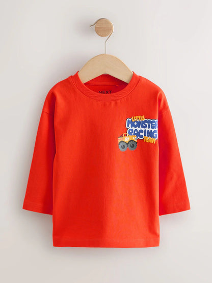 |Boy| Camisetas Com Estampa Gráfica De Manga Comprida Red Monster Trucks, Pacote com 3 (3 meses a 7 anos)