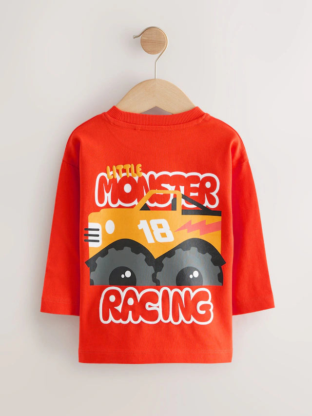 |Boy| Camisetas Com Estampa Gráfica De Manga Comprida Red Monster Trucks, Pacote com 3 (3 meses a 7 anos)