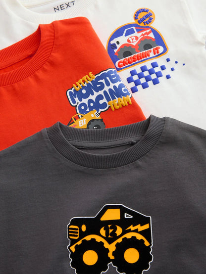|Boy| Camisetas Com Estampa Gráfica De Manga Comprida Red Monster Trucks, Pacote com 3 (3 meses a 7 anos)