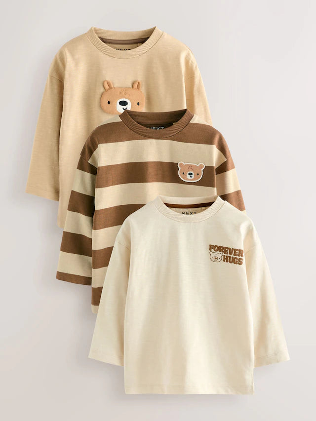 |Boy| Camisetas De Manga Comprida Com Apliques Brown Bear, Pacote com 3 (3 meses a 7 anos)