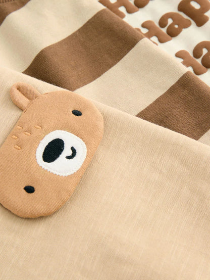 |Boy| Camisetas De Manga Comprida Com Apliques Brown Bear, Pacote com 3 (3 meses a 7 anos)