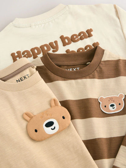 |Boy| Camisetas De Manga Comprida Com Apliques Brown Bear, Pacote com 3 (3 meses a 7 anos)