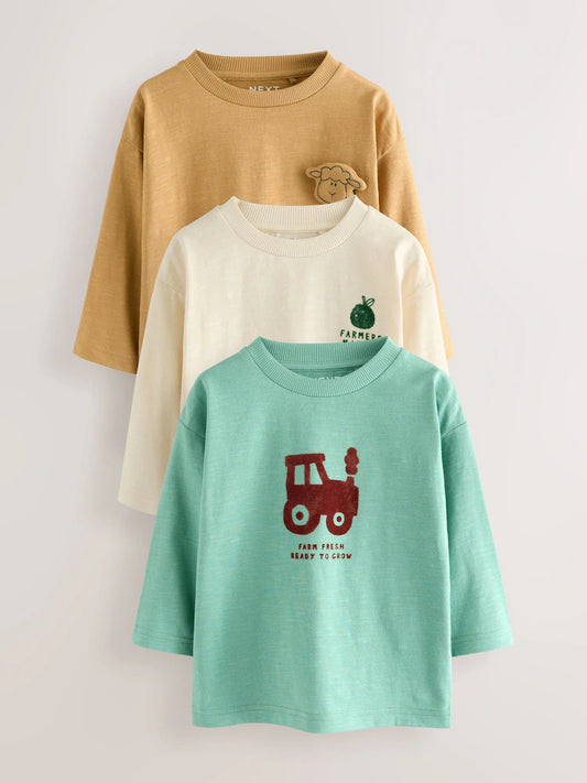 |Boy| Camisetas Com Estampa Gráfica De Manga Comprida Azul/Marrom Farm, Pacote com 3 (3 meses a 7 anos)