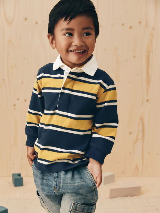 |Boy| Camisa Polo De Rugby Listrada Azul-Marinho/Amarelo Manga Comprida (3 meses a 7 anos)