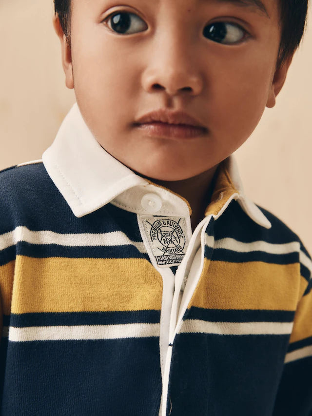 |Boy| Camisa Polo De Rugby Listrada Azul-Marinho/Amarelo Manga Comprida (3 meses a 7 anos)