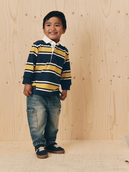 |Boy| Camisa Polo De Rugby Listrada Azul-Marinho/Amarelo Manga Comprida (3 meses a 7 anos)