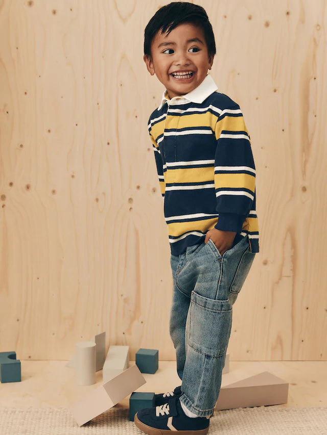 |Boy| Camisa Polo De Rugby Listrada Azul-Marinho/Amarelo Manga Comprida (3 meses a 7 anos)