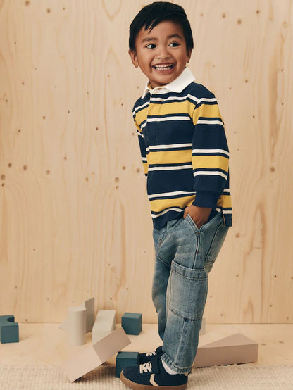 |Boy| Camisa Polo De Rugby Listrada Azul-Marinho/Amarelo Manga Comprida (3 meses a 7 anos)