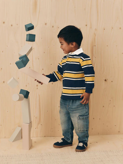 |Boy| Camisa Polo De Rugby Listrada Azul-Marinho/Amarelo Manga Comprida (3 meses a 7 anos)