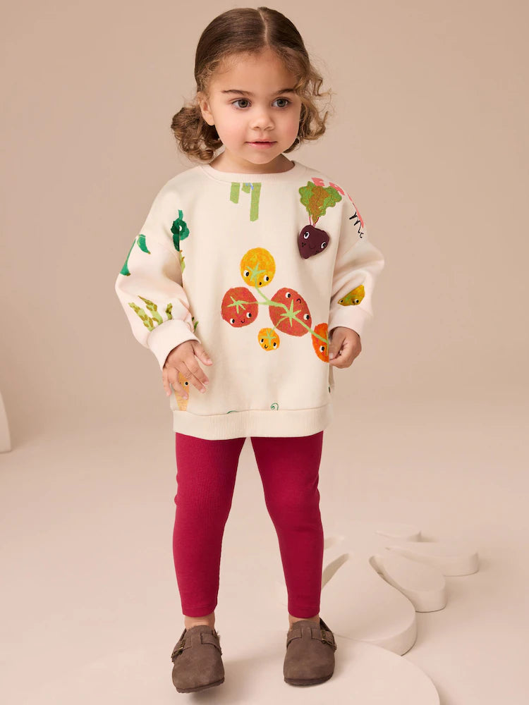 |Girl| Conjunto De Moletom e Leggings Com Personagens Vegetais Cremosos (3 meses a 7 anos)