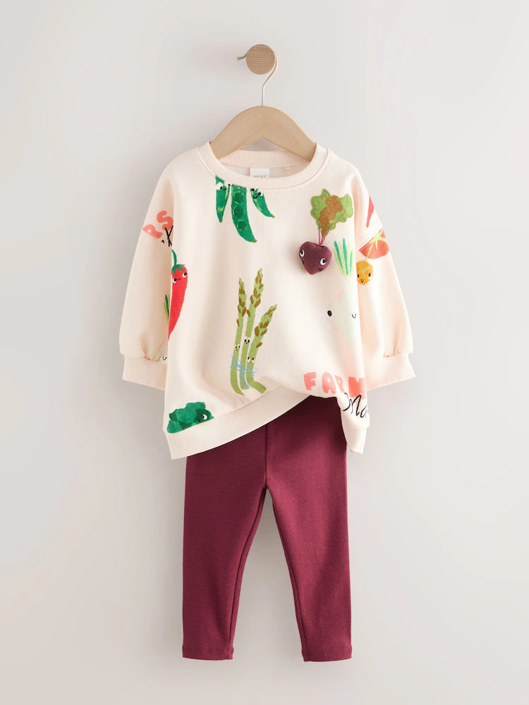 |Girl| Conjunto De Moletom e Leggings Com Personagens Vegetais Cremosos (3 meses a 7 anos)