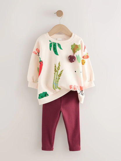 |Girl| Conjunto De Moletom e Leggings Com Personagens Vegetais Cremosos (3 meses a 7 anos)