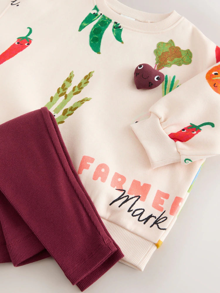 |Girl| Conjunto De Moletom e Leggings Com Personagens Vegetais Cremosos (3 meses a 7 anos)