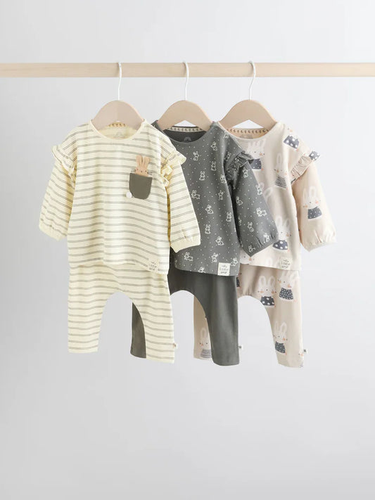 |BabyGirl| Conjunto De Blusa e Leggings De Manga Comprida Cinza/Creme, 6 Peças (0 meses a 3 anos)