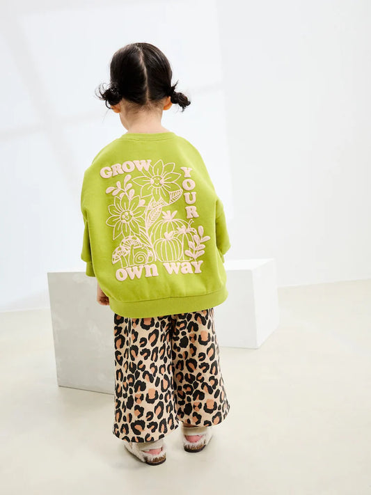 |Girl| Conjunto De Moletom Com Estampa De Leopardo Verde e Calças Largas (3 meses a 7 anos)