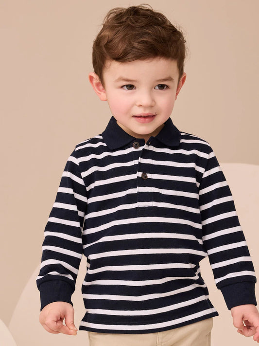 |Boy| Camisa Polo De Manga Comprida Listrada Azul Marinho/Branca (3 meses a 7 anos)