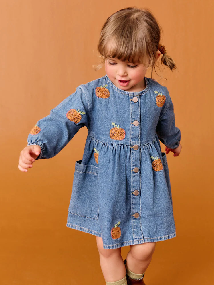 |Girl| Vestido Jeans De Manga Comprida Com Bordado De Abóbora (3 meses a 8 anos)