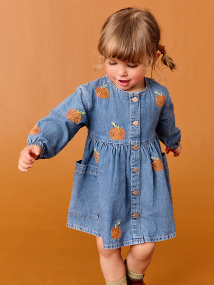 |Girl| Vestido Jeans De Manga Comprida Com Bordado De Abóbora (3 meses a 8 anos)