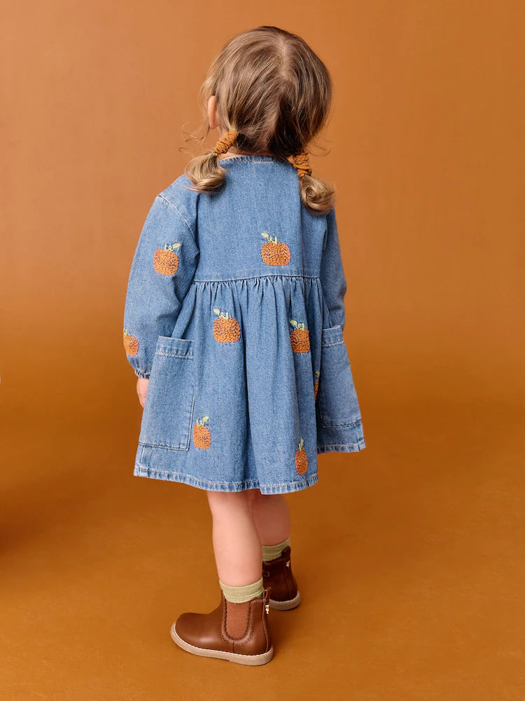 |Girl| Vestido Jeans De Manga Comprida Com Bordado De Abóbora (3 meses a 8 anos)