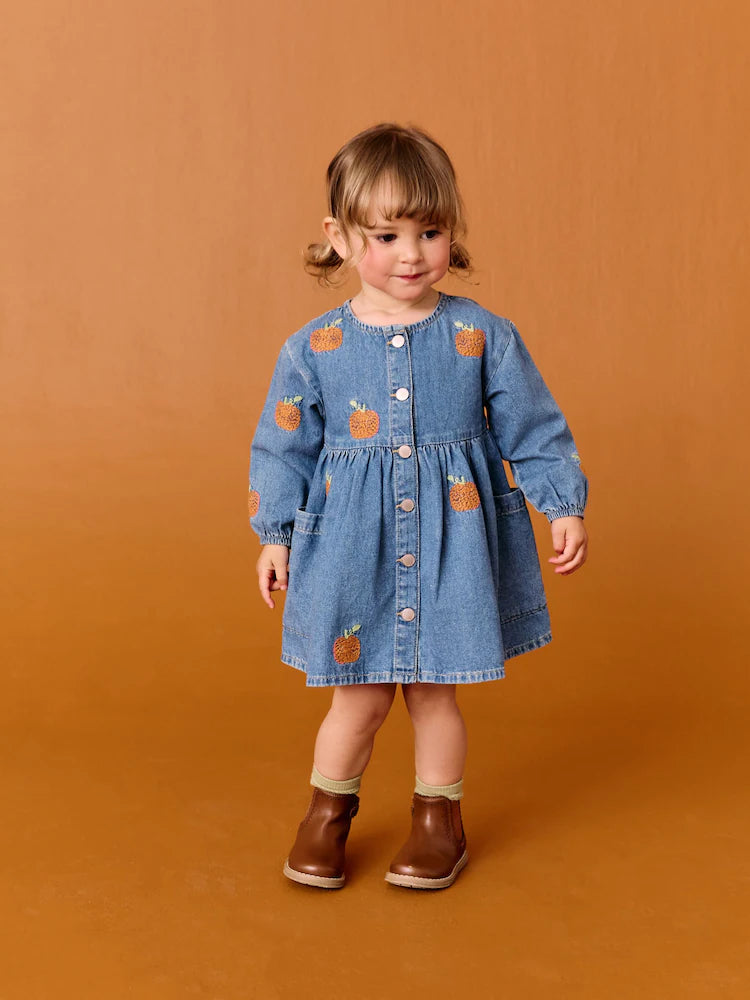 |Girl| Vestido Jeans De Manga Comprida Com Bordado De Abóbora (3 meses a 8 anos)