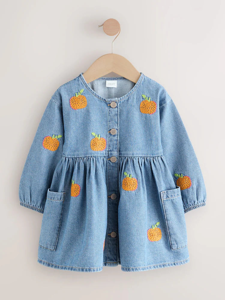 |Girl| Vestido Jeans De Manga Comprida Com Bordado De Abóbora (3 meses a 8 anos)