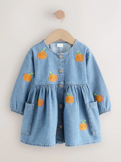 |Girl| Vestido Jeans De Manga Comprida Com Bordado De Abóbora (3 meses a 8 anos)