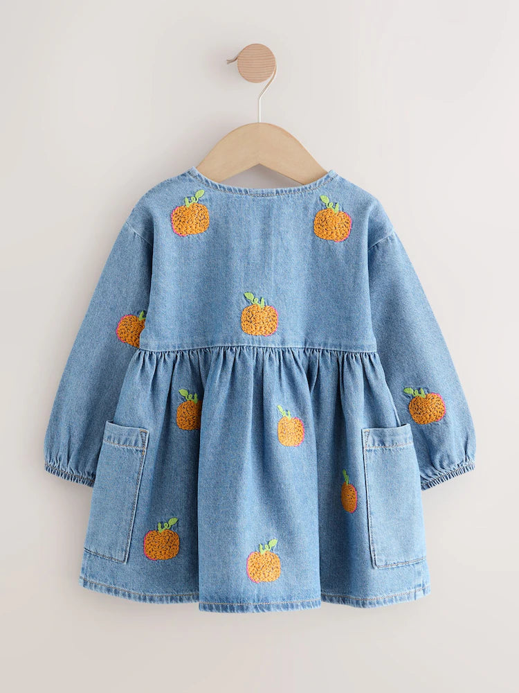 |Girl| Vestido Jeans De Manga Comprida Com Bordado De Abóbora (3 meses a 8 anos)