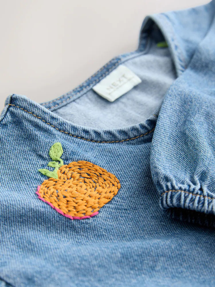 |Girl| Vestido Jeans De Manga Comprida Com Bordado De Abóbora (3 meses a 8 anos)