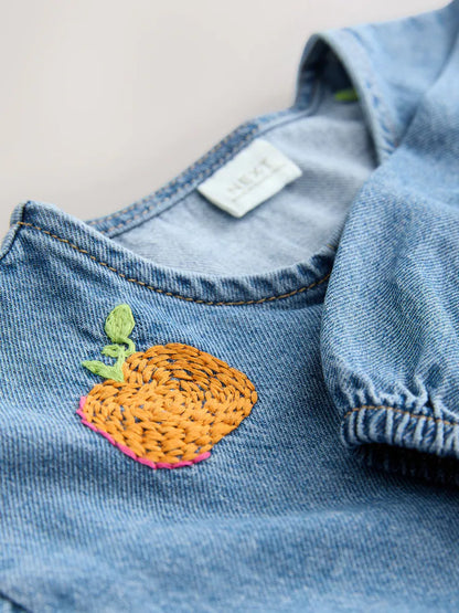 |Girl| Vestido Jeans De Manga Comprida Com Bordado De Abóbora (3 meses a 8 anos)