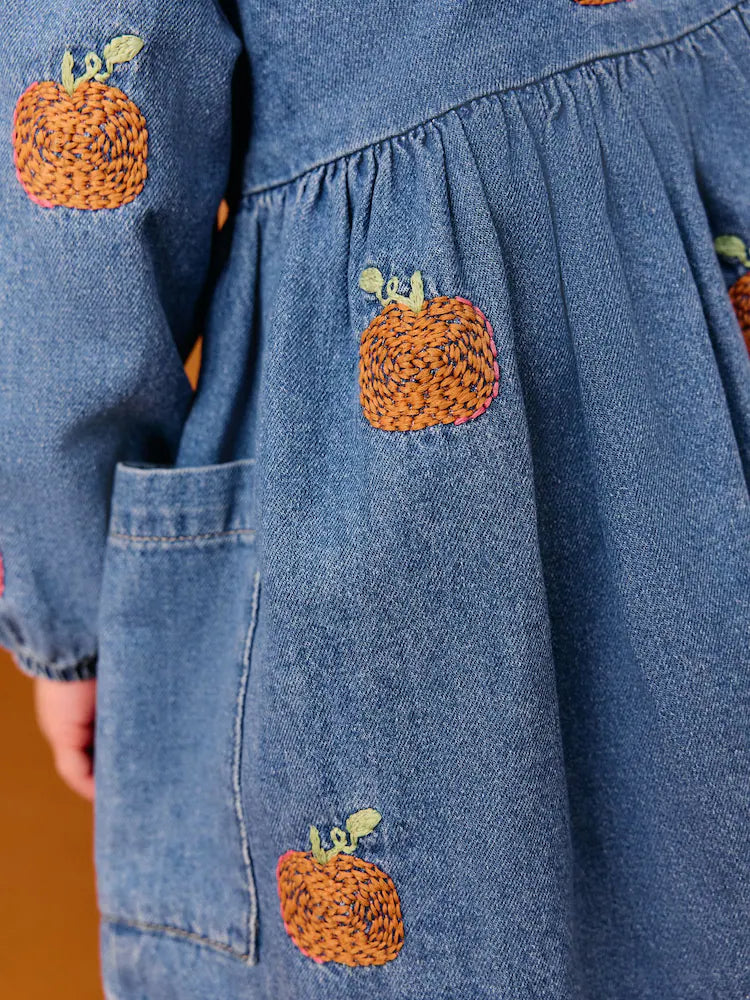|Girl| Vestido Jeans De Manga Comprida Com Bordado De Abóbora (3 meses a 8 anos)