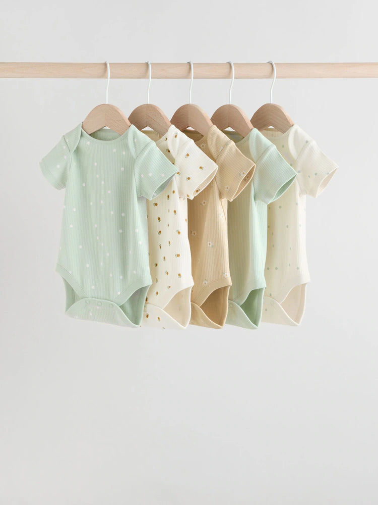 |BabyGirl| Pacote Com 5 Macacões Canelados De Manga Curta Verde Sálvia Para Bebês