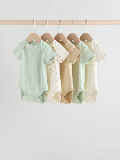 |BabyGirl| Pacote Com 5 Macacões Canelados De Manga Curta Verde Sálvia Para Bebês