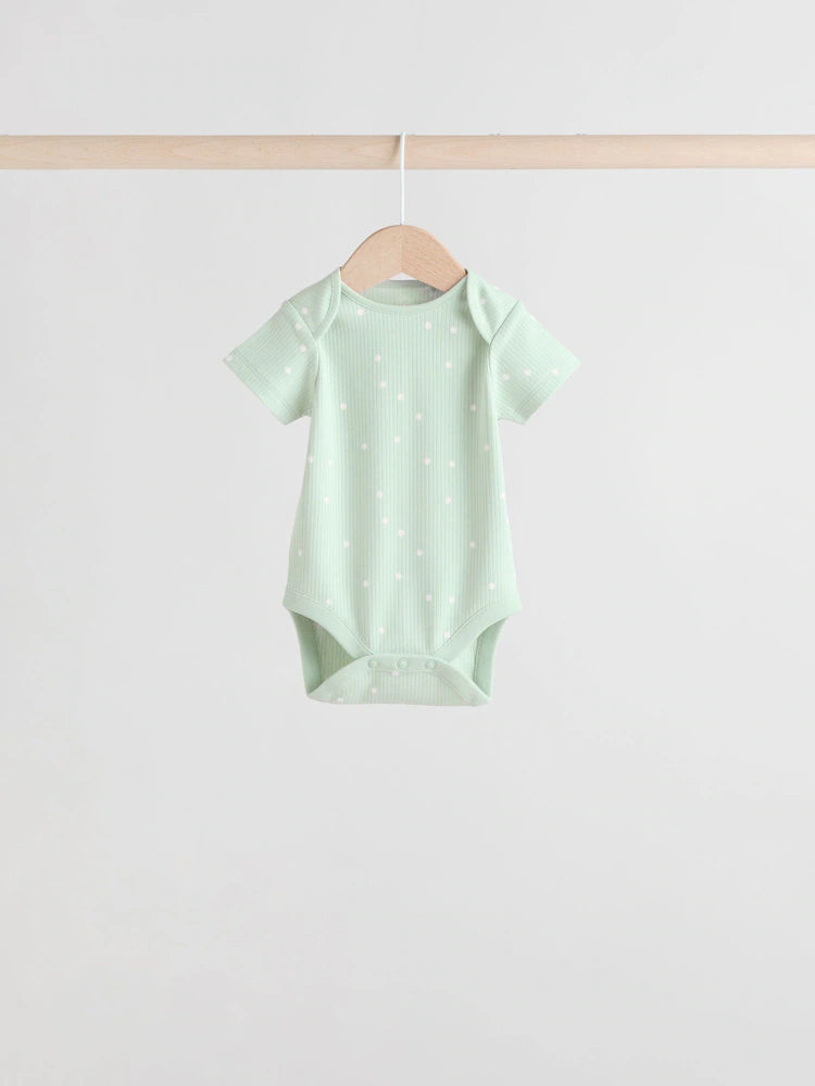 |BabyGirl| Pacote Com 5 Macacões Canelados De Manga Curta Verde Sálvia Para Bebês