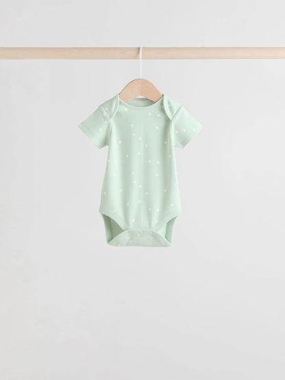 |BabyGirl| Pacote Com 5 Macacões Canelados De Manga Curta Verde Sálvia Para Bebês