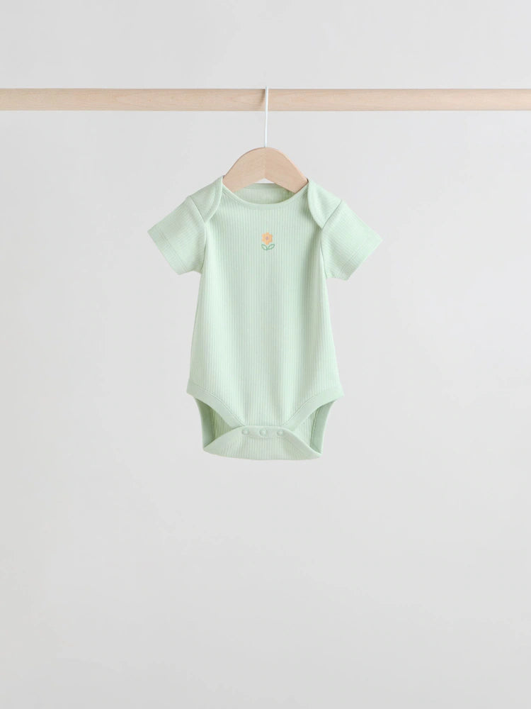 |BabyGirl| Pacote Com 5 Macacões Canelados De Manga Curta Verde Sálvia Para Bebês