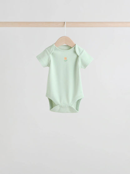|BabyGirl| Pacote Com 5 Macacões Canelados De Manga Curta Verde Sálvia Para Bebês