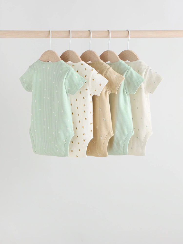 |BabyGirl| Pacote Com 5 Macacões Canelados De Manga Curta Verde Sálvia Para Bebês