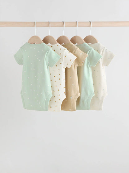 |BabyGirl| Pacote Com 5 Macacões Canelados De Manga Curta Verde Sálvia Para Bebês