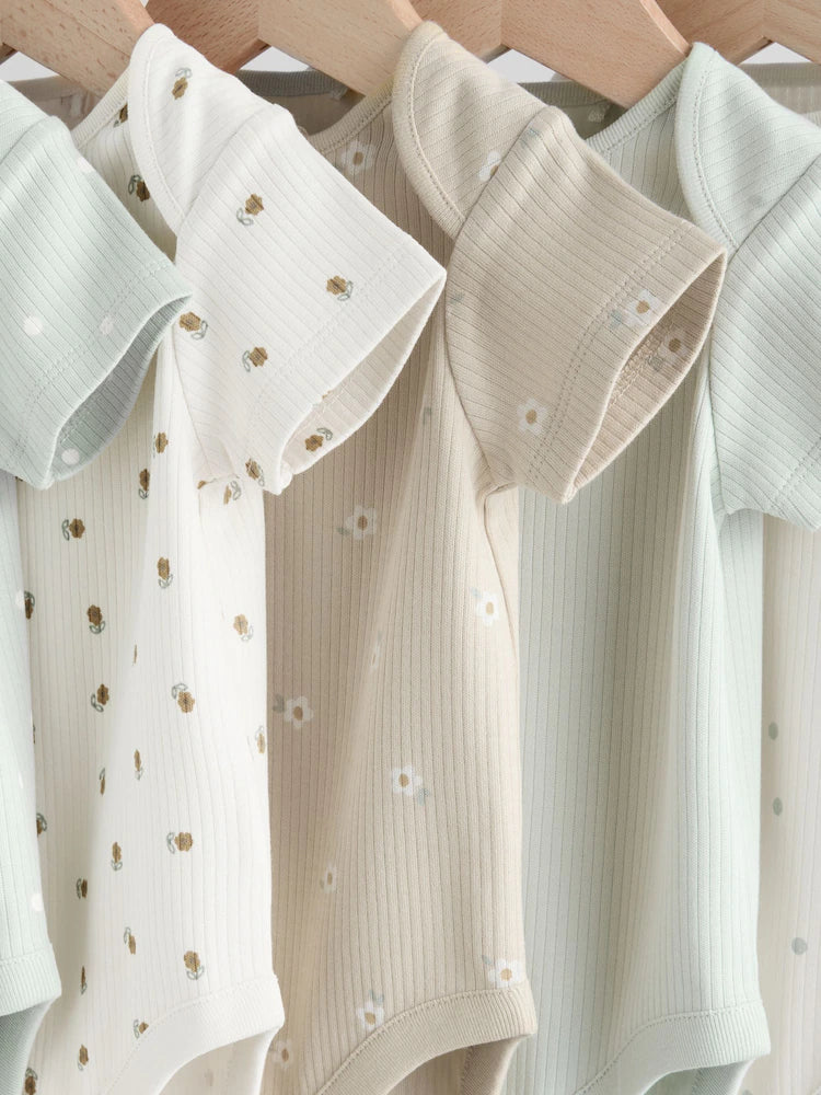 |BabyGirl| Pacote Com 5 Macacões Canelados De Manga Curta Verde Sálvia Para Bebês