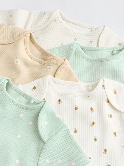 |BabyGirl| Pacote Com 5 Macacões Canelados De Manga Curta Verde Sálvia Para Bebês