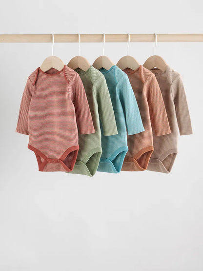 |BabyBoy| Pacote Com 5 Bodies De Manga Comprida Para Bebês, Azul/Marrom