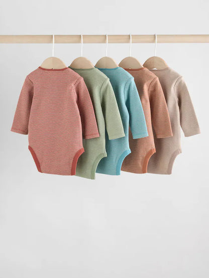 |BabyBoy| Pacote Com 5 Bodies De Manga Comprida Para Bebês, Azul/Marrom