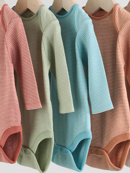 |BabyBoy| Pacote Com 5 Bodies De Manga Comprida Para Bebês, Azul/Marrom