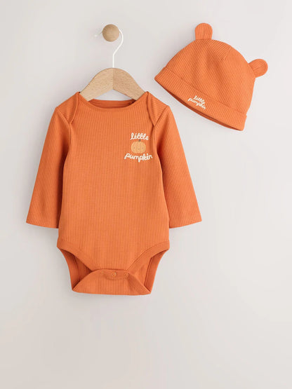 |BabyBoy| Conjunto De Macacão e Chapéu De Halloween De Manga Comprida Laranja Para Bebê