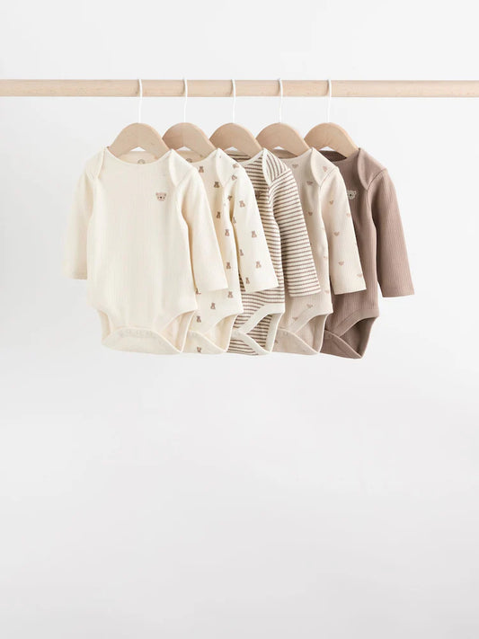 |BabyBoy| Conjunto Com 5 Bodies De Manga Comprida Para Bebês Com Estampa De Ursinho Neutro